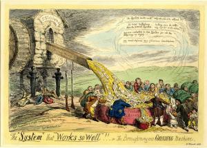 The "system" that "works so well"!! - or the boroughmongers grinding machine, 1831, etching by George Cruikshank