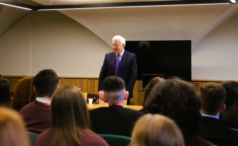 Deputy Fergus O'Dowd speaks to students at an education workshop in Leinster House