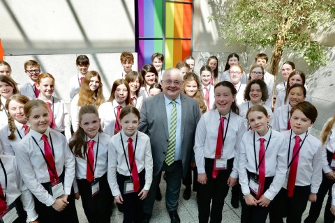 The Ceann Comhairle and the youth choir at the Gathering for Peace event in Leinster House in May 2024