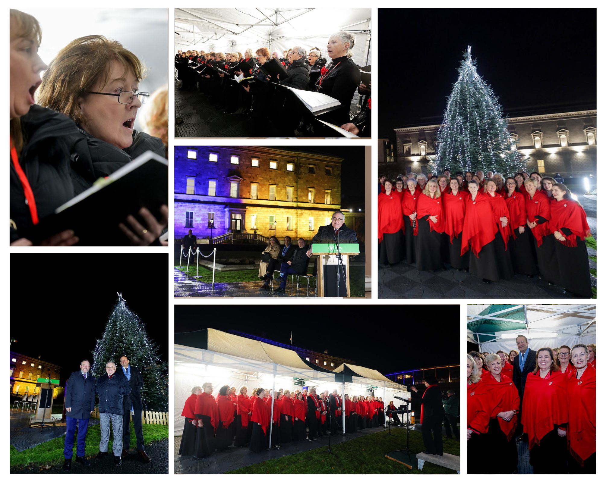 Collage of photos of the choirs and guests at the lighting of the Christmas tree on Leinster Lawn