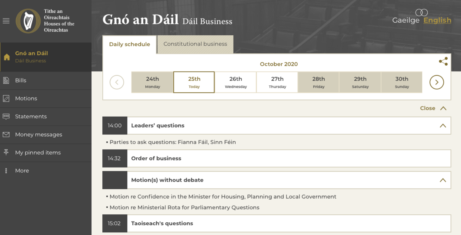 Graphic with text "Dáil Business Coming soon"