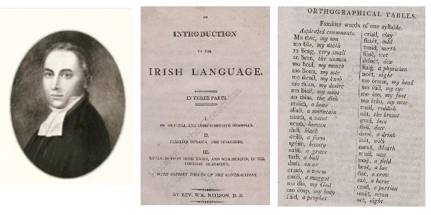 Composite image including a portrait of Reverend William Neilson and pages from his book "An Introduction to the Irish Language".