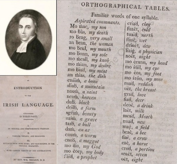 Íomhá chumaisc a bhfuil portráid den Urramach William Neilson agus leathanaigh óna leabhar ar Theanga na Gaeilge ann