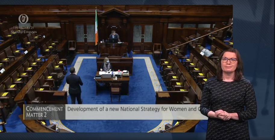 Video still of the Dáil Chamber with ISL interpreter in the foreground