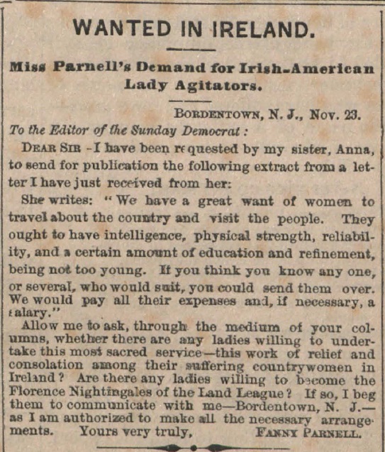 Fógra nuachtáin dar teideal "Wanted in Ireland”, leis an bhfotheideal "Miss Parnell's Demand for Irish-American Lady Agitators"
