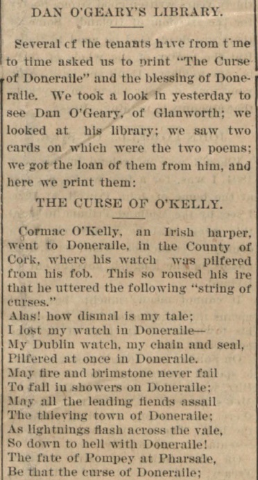 Newspaper cutting of a poem entitled "The Curse of O'Kelly"