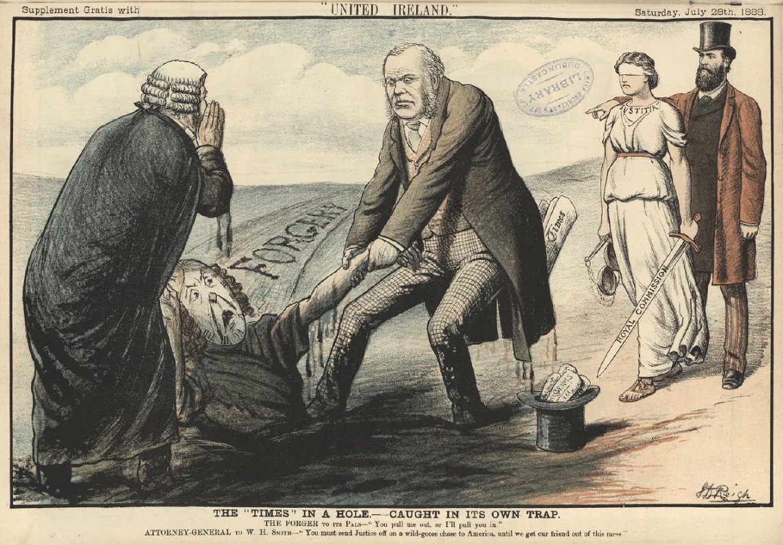 Political cartoon dated 1888 including Parnell and blind justice looking on as two men try to pull a figure with a clock face from a hole