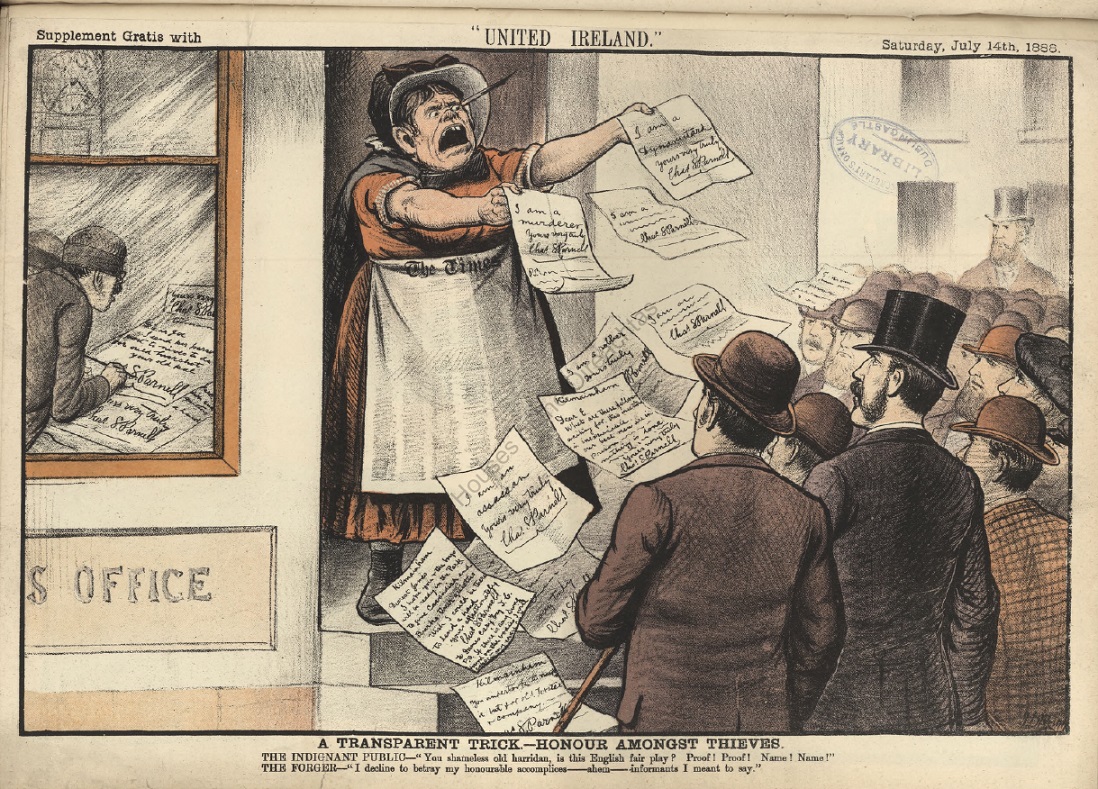 Cartún de chuid The Times ón 19ú haois de bhean ag caitheamh litreacha bréige Parnell i dtreo pobal diomúch, agus trí fhuinneog is féidir daoine a fheiceáil ag cóipeáil shíniú Parnell.