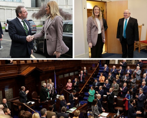 President Roberta Metsola in three colour images from her visit to Leinster House. In one image she is being greeted as she arrives by the Cathaoirleach outside main door. In the next image she is standing with the Ceann Comhairle indoors. In the third photograph she is beginning an address to a joint sitting of the Houses in a full Dáil Chamber.