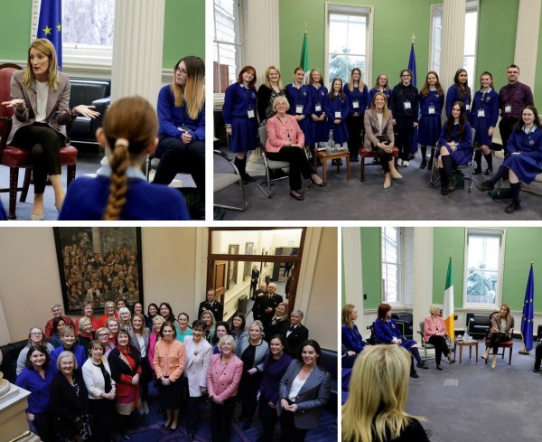 Four photographs involving European Parliament President Roberta Metsola on her visit to Leinster House. In three of the photographs she is with secondary school students, first photographed as a group and then with two candid photographs as he speaks with them in debate format in a semi-circular group sitting arrangement. The fourth photo is a group shot taken from an elevated position involving the Irish Parliamentary Women's Caucus.