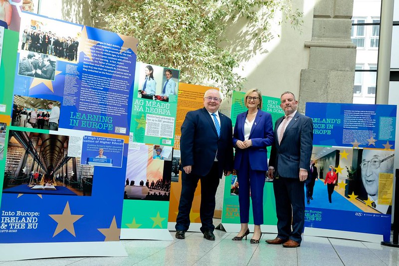 Ceann Comhairle, Cathaoirleach and EU Commissioner Mairead McGuinness attending an exhibition marking Ireland's participation in Europe launched on Europe Day 2023