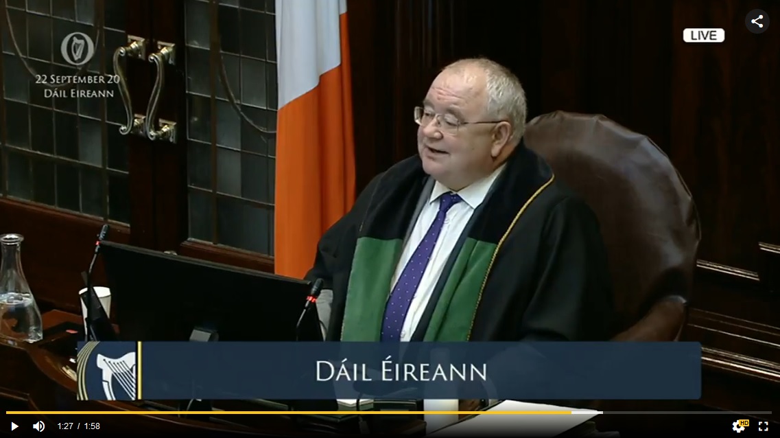 Ceann Comhairle Seán Ó Fearghaíl speaking in the Dáil Chamber
