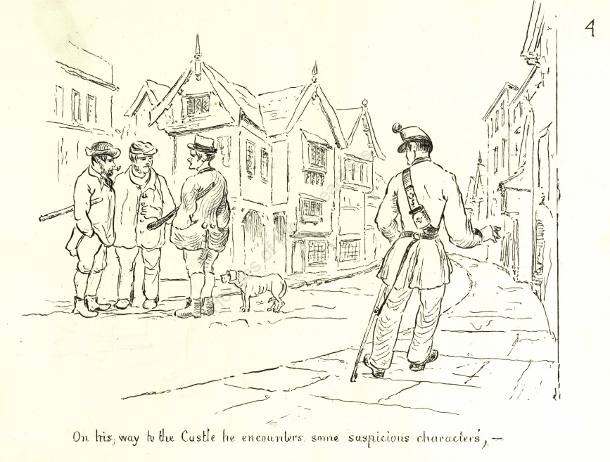 19th century cartoon depicting Ensign Smith on the streets of Chester, with the text: "On his way to the Castle he encounters some suspicious characters"