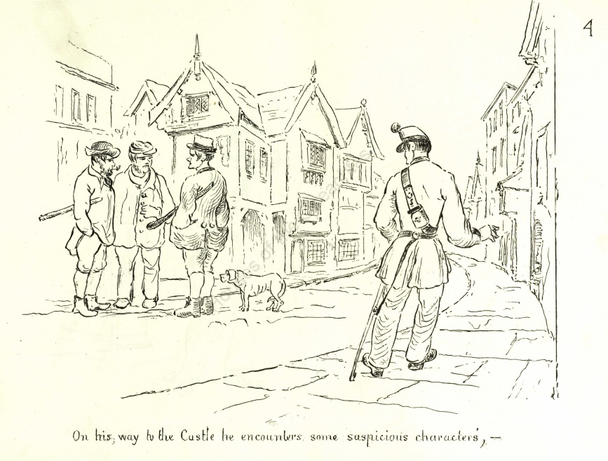 Cartún ón 19ú haois ina bhfeictear Ensign Smith ar shráideanna Chester, leis an téacs: "On his way to the Castle he encounters some suspicious characters"