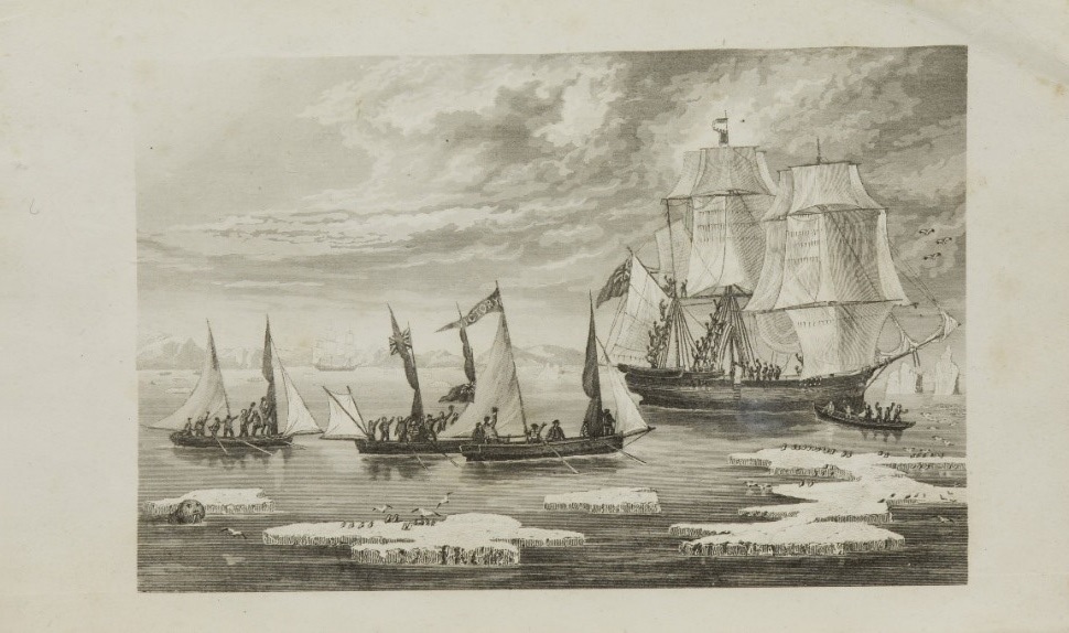 An 1834 print by Edward Francis Finden showing the rescue of Ross’s crew by the Isabella.
