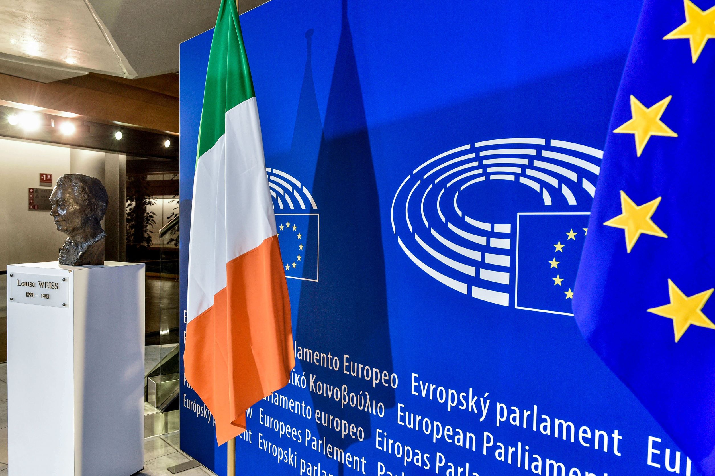 An Irish flag is placed in front of a stand-up exibition graphic related to the European Union