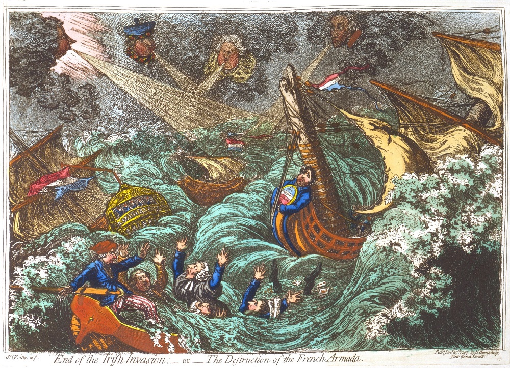 Cartoon by caricaturist James Gillray depicting British politicians as the sailors of the French invasion fleet sinking under the waves of a stormy sea
