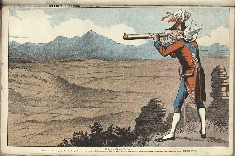 18th century caricature entitled "The Curse", depicting Lord Carnarvon peering through a telescope at the west of Ireland