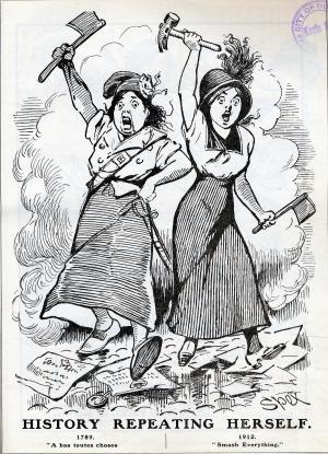Cartoon comparing militant suffragettes with women of the French Revolution