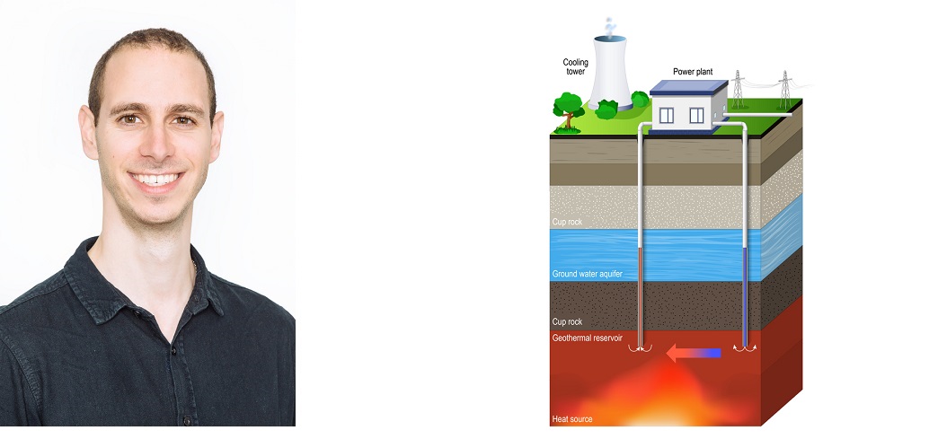 Photo of Dr Vafeas alongside a graphic illustrating geothermal energy