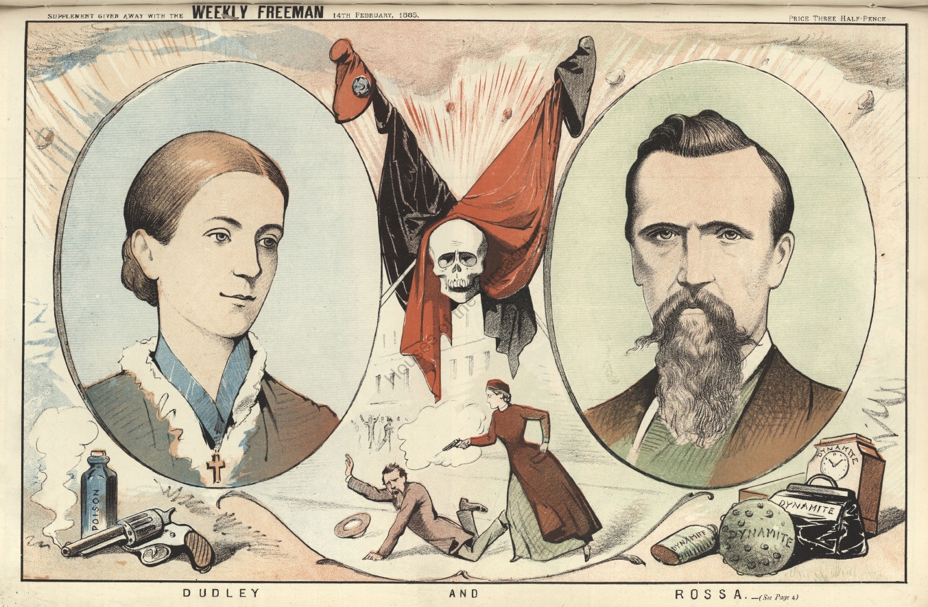 19th century portraits of a womand and a man with a skull, crossed flags, murder weapons and a cartoon of the woman shooting the man