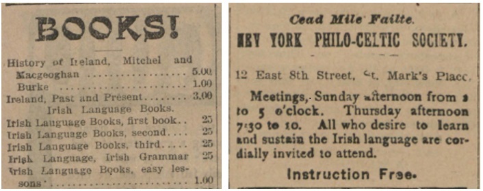 Newspaper cuttings advertising books for sale and a meeting of the New York Philo-Celtic Society