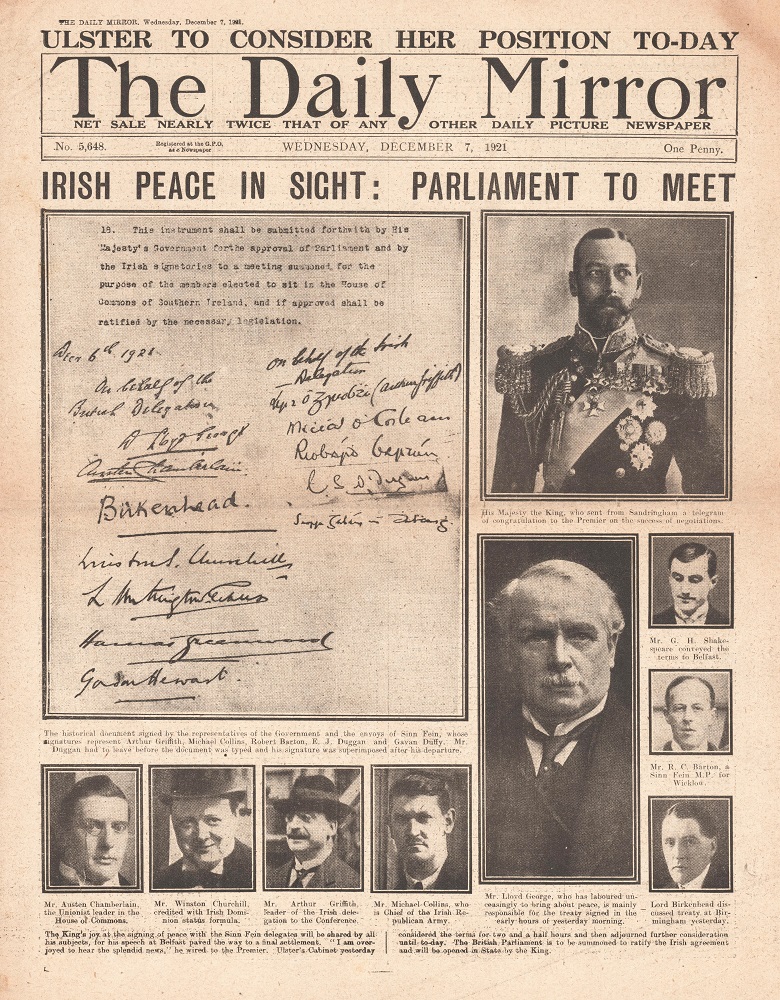 Leathanach tosaigh The Daily Mirror ag tuairisciú torthaí idirbheartaíochtaí na síochána, i mí na Nollag 1921