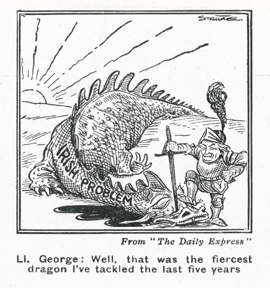 Cartoon depicting Lloyd George as Saint George slaying the dragon labelled "Irish Problem"