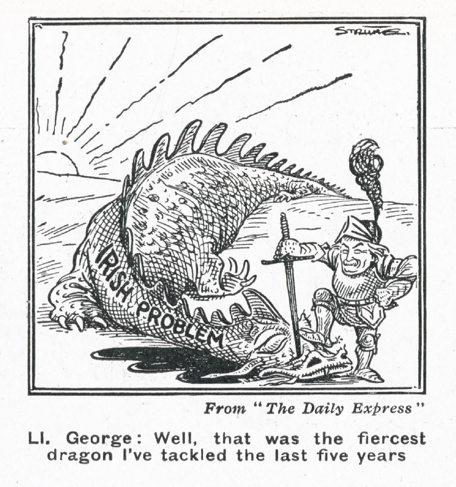 Cartún ina léirítear Lloyd George mar Naomh George ag marú an dragain dar teideal "Irish Problem"