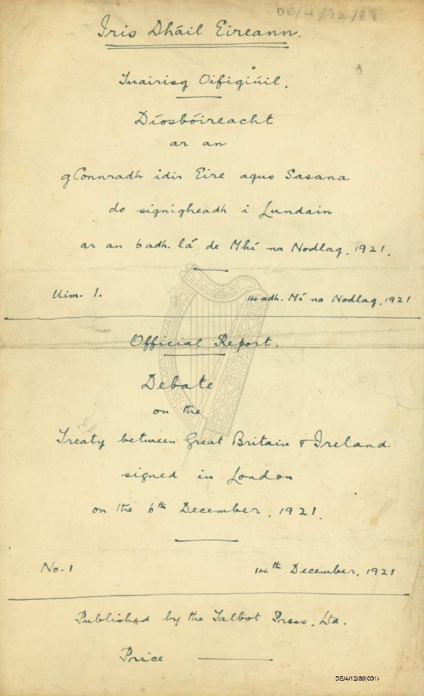 Handwritten draft cover of the report of the Treaty Debates