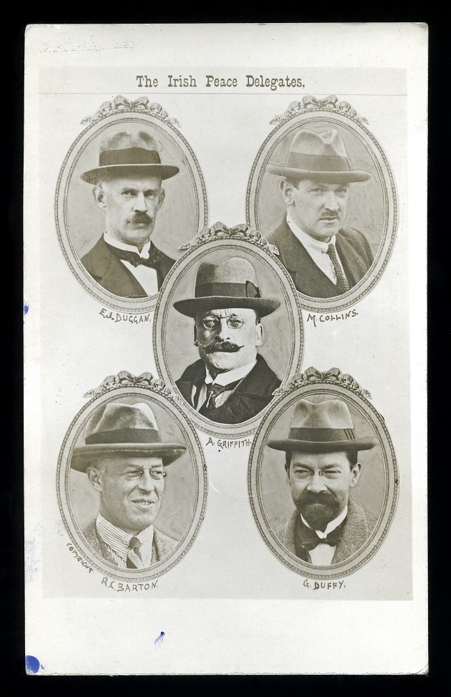 Postcard with five separate portraits in oval frames