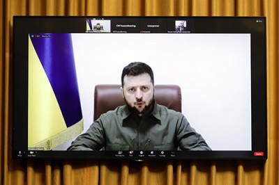President Zelensky on the video conference screen