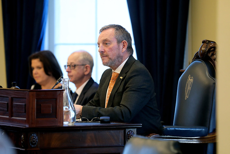 Colour photograph of Senator Jerry Buttimer on his election to Cathaoirleach of the Seanad, sitting in the Cathaoirleach's seat.
