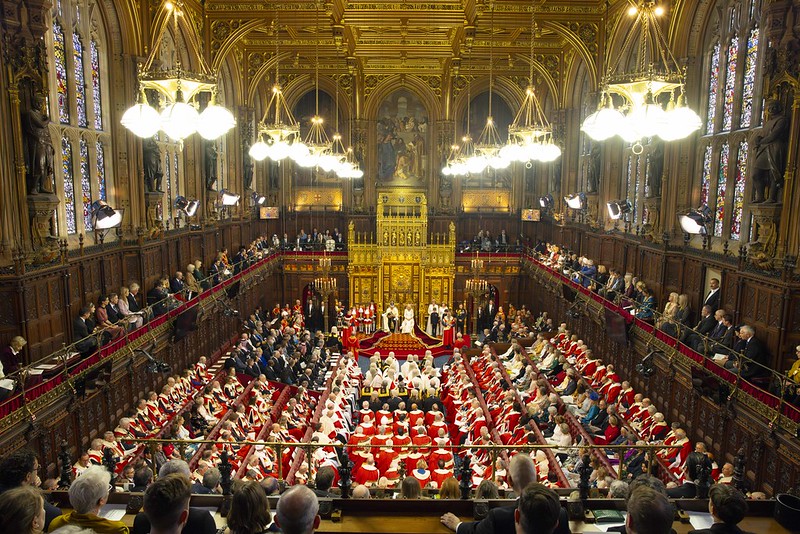 A wide view of the House of Lords during the State Opening of Parliament in the UK in November 2023. The Cathaoirleach and his delegation are sitting on the right-hand side of the image.