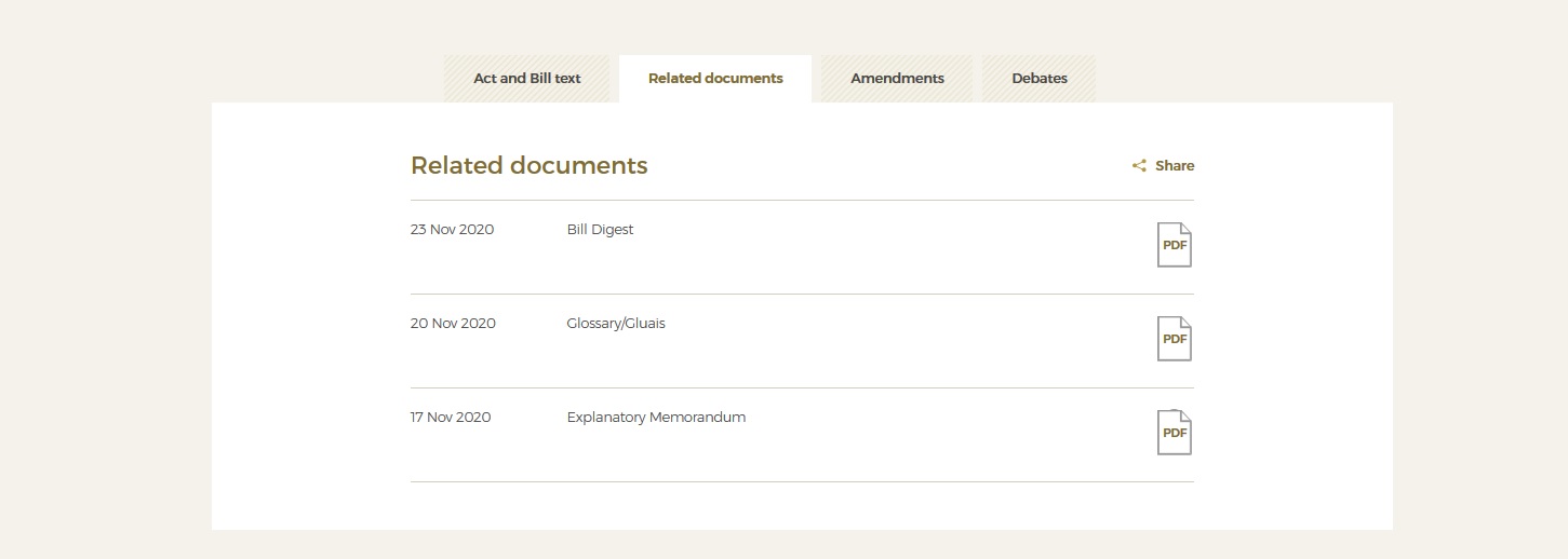 Screen shot of a Bill web page showing the Related documents