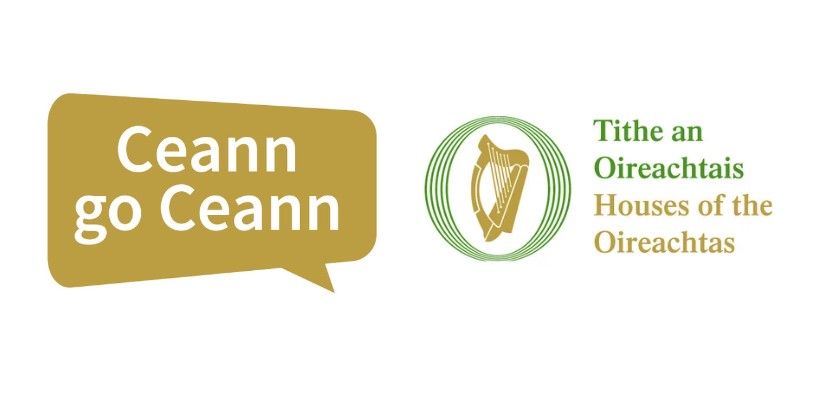 Logos of the Ceann go Ceann and Houses of the Oireachtas on a white background