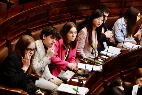 Delegates attending the European Youth Parliament Ireland event in the Dáil Chamber in Leinster House