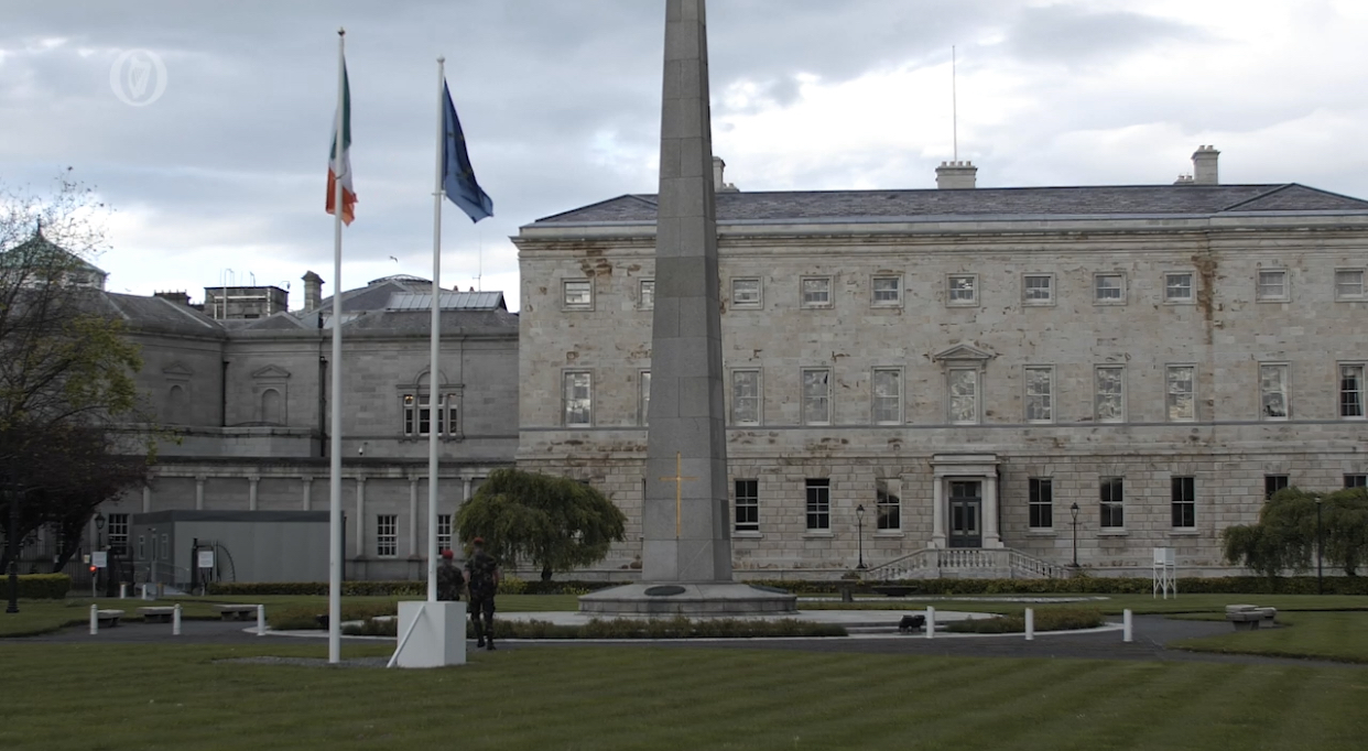 The European and Irish flags raised outside Leinster House