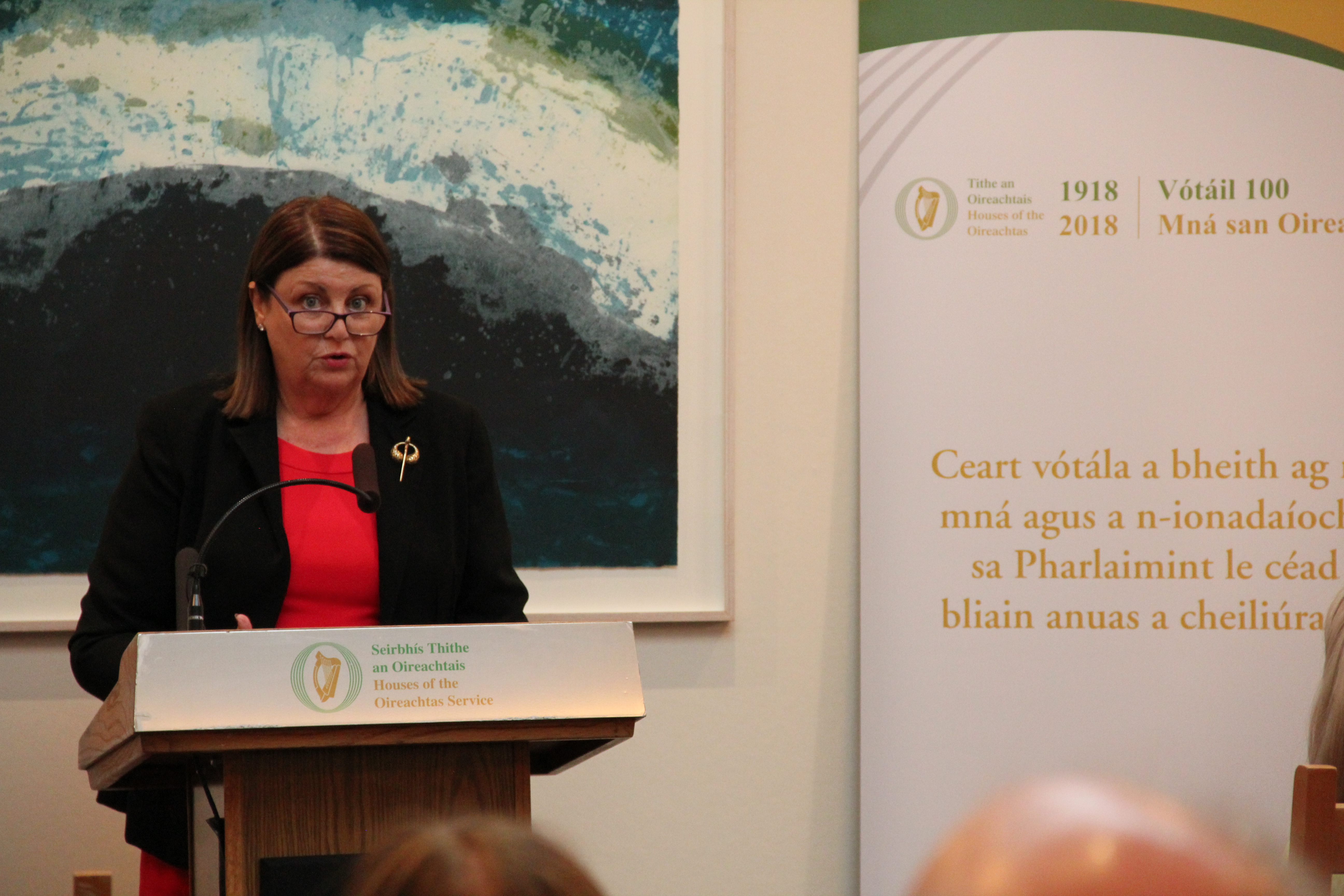 Máire Geoghegan-Quinn giving the Seachtain na Gaeilge lecture in Leinster House
