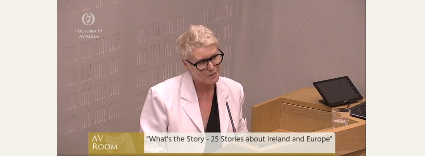 Moya Doherty, producer and RTE chair, speaking at the launch of “What’s the Story? – 25 stories about Ireland and Europe”