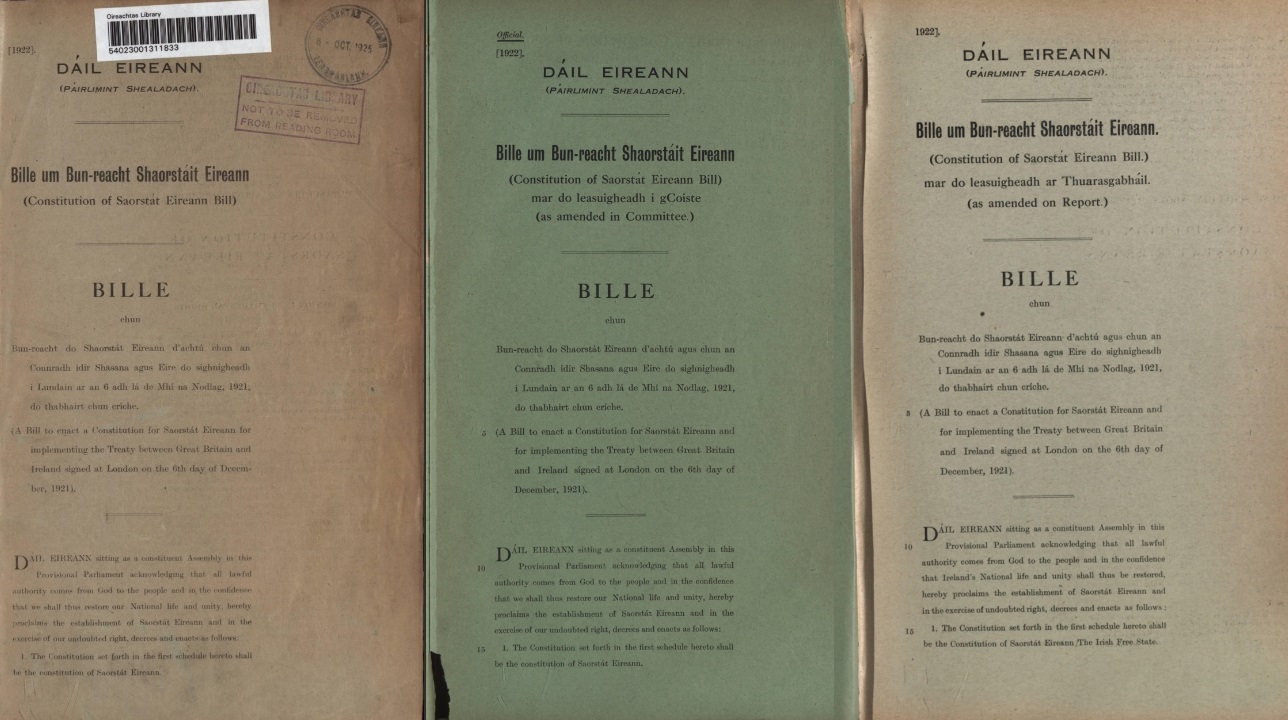 Front pages of three versions of the Constitution of Saorstát Éireann Bill 1922