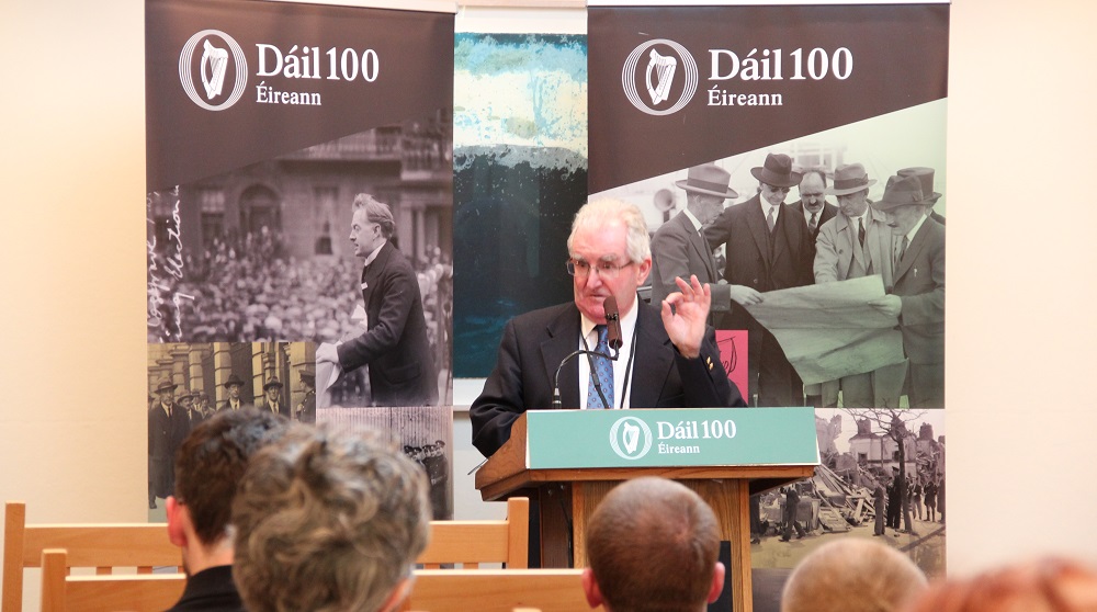 Gearóid Ó Tuathaigh giving lecture in Leinster House