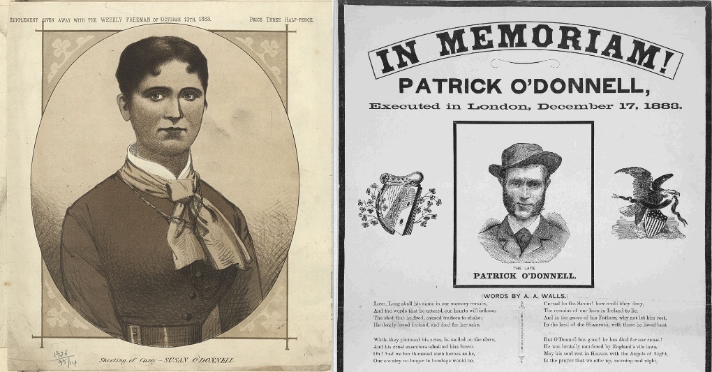 Cartoon of Susan O'Donnell, 1883, and a poster commemorating the execution of Patrick O'Donnell