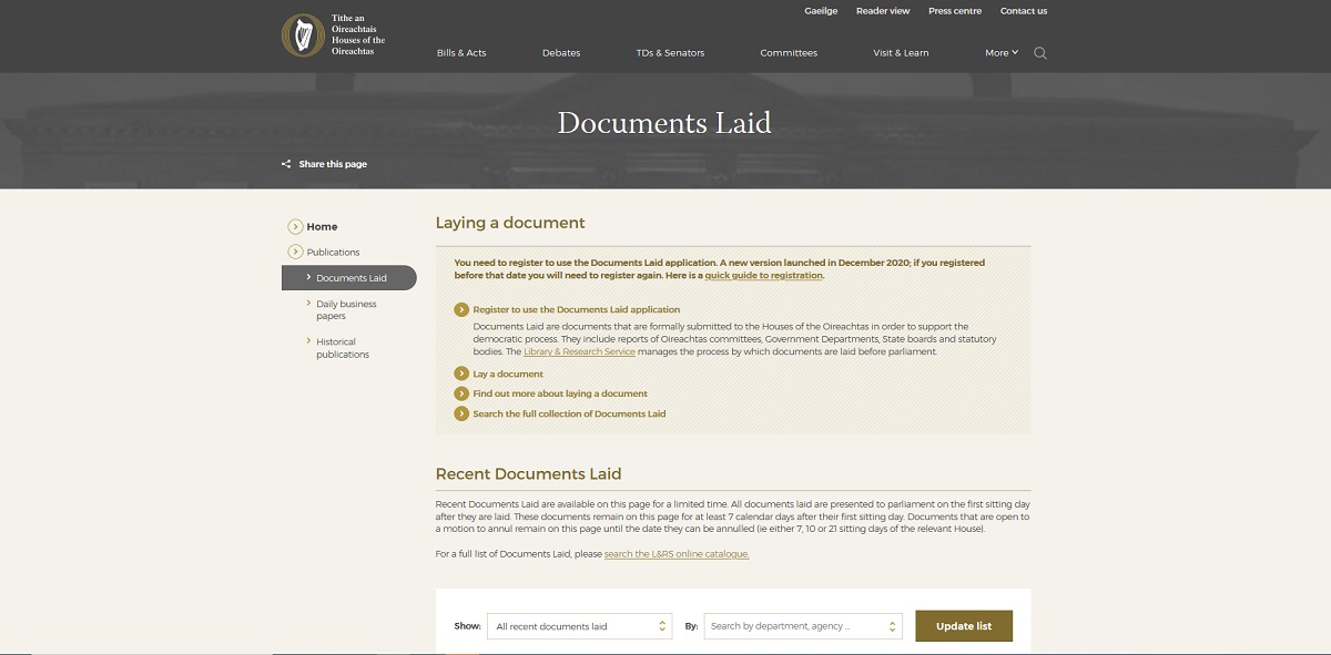 Screenshot of Documents Laid web page